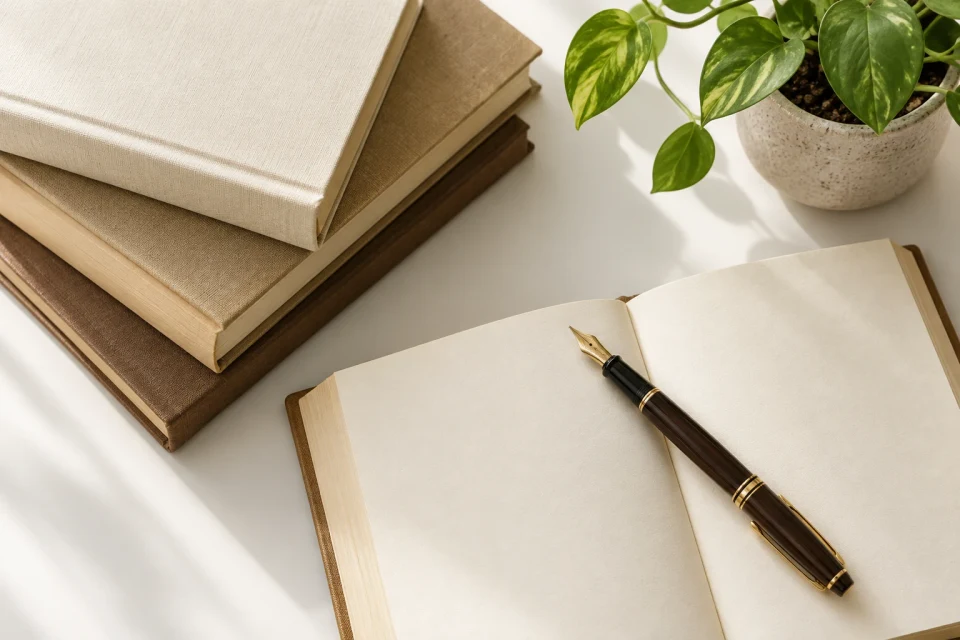 A flat-lay of stacked books and a fountain pen on a clean desk