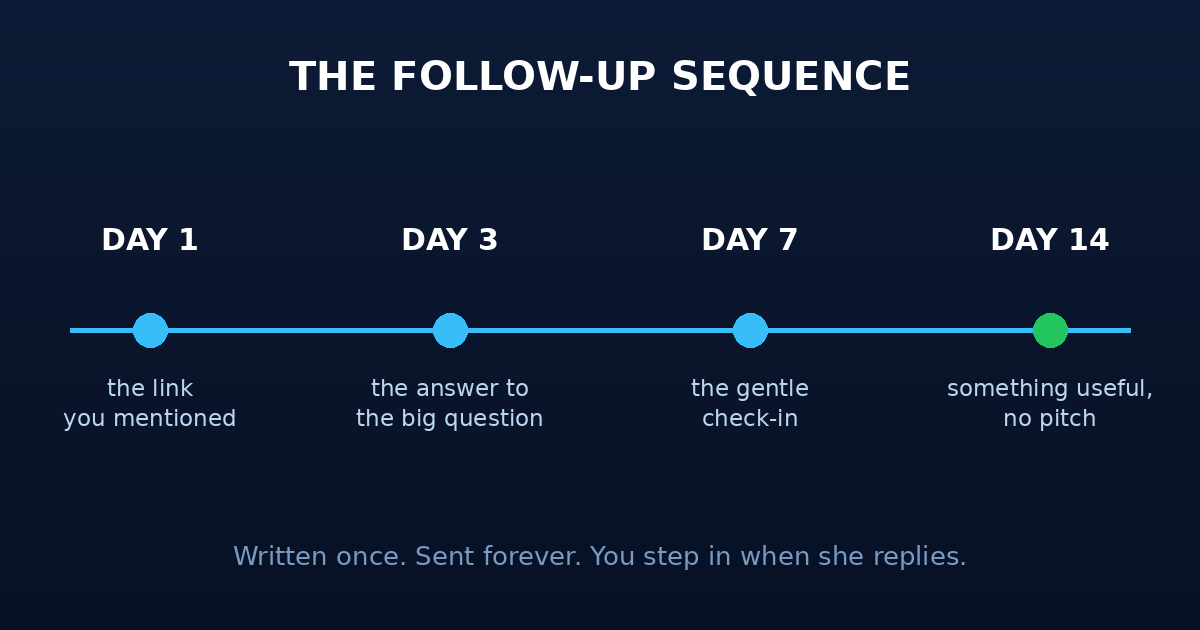 Follow-up sequence timeline — Day 1 the link, Day 3 the answer, Day 7 the check-in, Day 14 something useful. Automatic follow-up for network marketers.